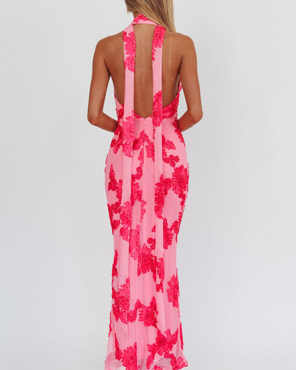 Pink Backless Halter Maxi Dress Embellished