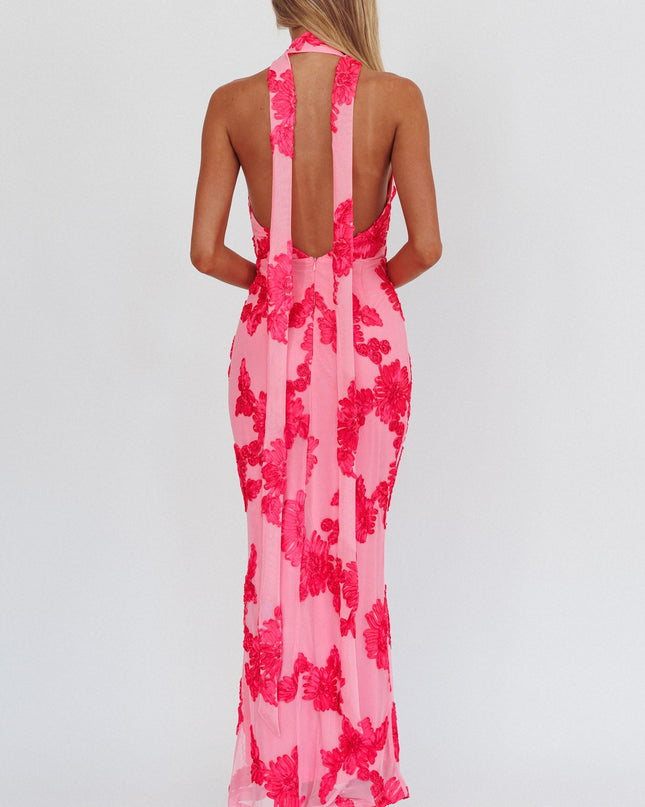 Pink Backless Halter Maxi Dress Embellished