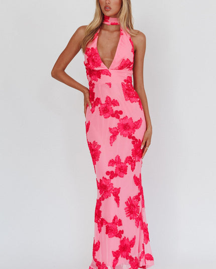 Pink Backless Halter Maxi Dress Embellished
