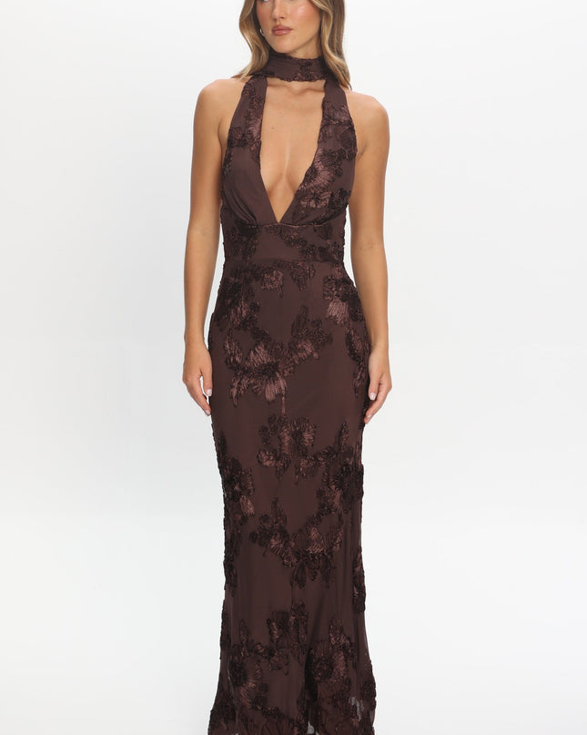 Brown Backless Halter Maxi Dress Embellished