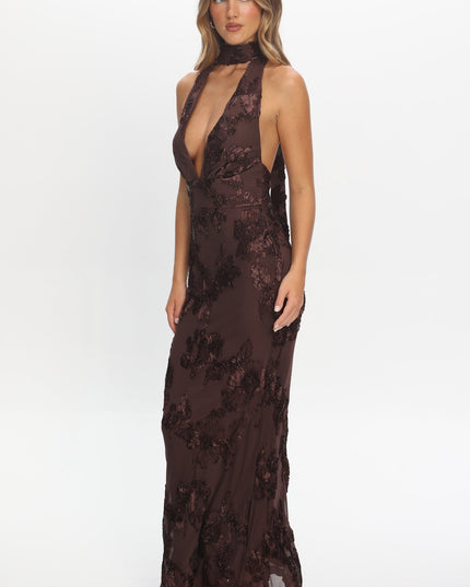 Brown Backless Halter Maxi Dress Embellished
