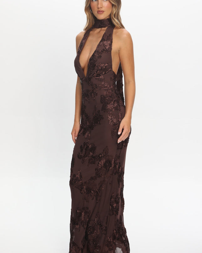 Brown Backless Halter Maxi Dress Embellished