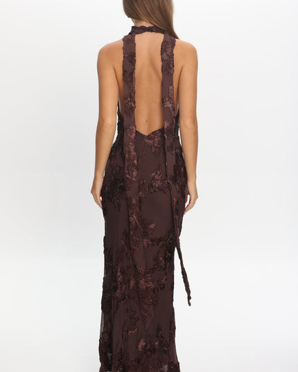 Brown Backless Halter Maxi Dress Embellished
