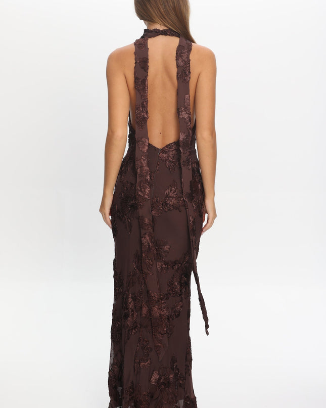 Brown Backless Halter Maxi Dress Embellished