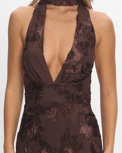Brown Backless Halter Maxi Dress Embellished
