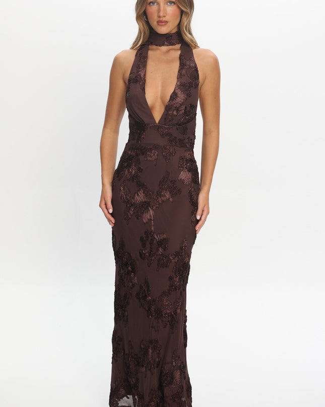 Brown Backless Halter Maxi Dress Embellished