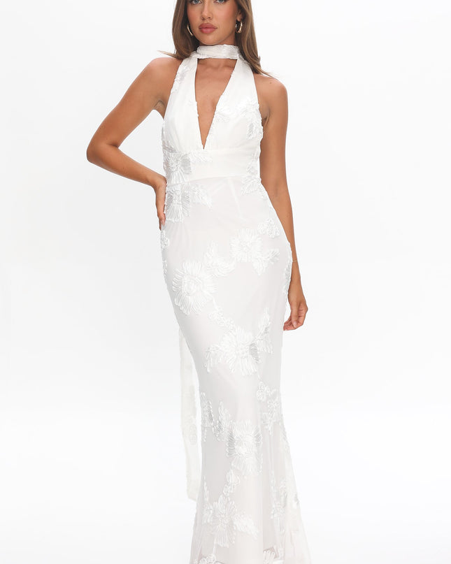 White Backless Halter Maxi Dress Embellished Floral