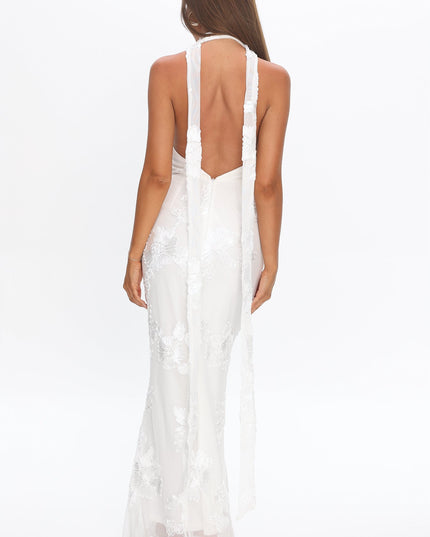 White Backless Halter Maxi Dress Embellished Floral