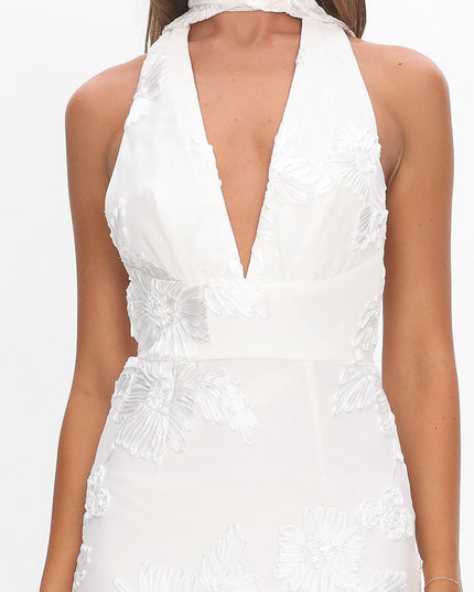 White Backless Halter Maxi Dress Embellished Floral