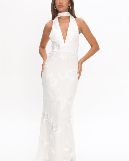 White Backless Halter Maxi Dress Embellished Floral