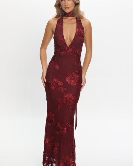 Wine Backless Halter Maxi Dress Embellished