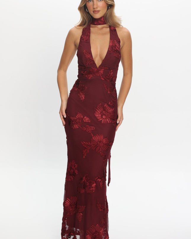 Wine Backless Halter Maxi Dress Embellished
