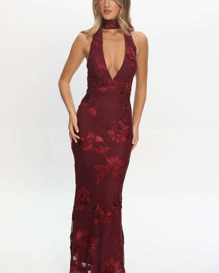 Wine Backless Halter Maxi Dress Embellished