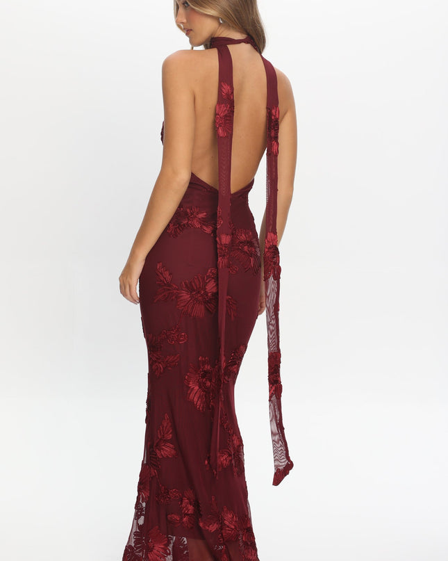 Wine Backless Halter Maxi Dress Embellished