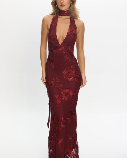 Wine Backless Halter Maxi Dress Embellished