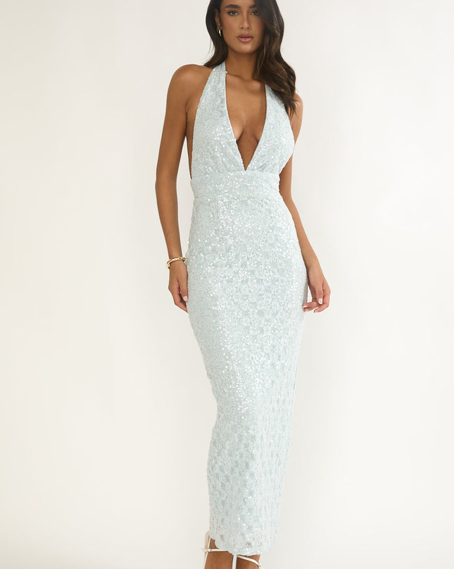 Blue Backless Halter Maxi Dress Sequin