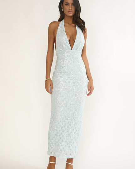 Blue Backless Halter Maxi Dress Sequin