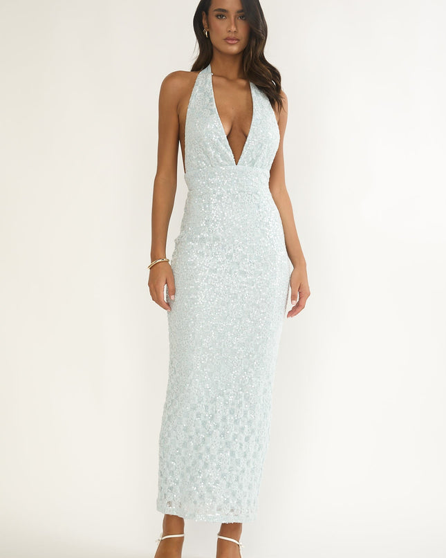 Blue Backless Halter Maxi Dress Sequin
