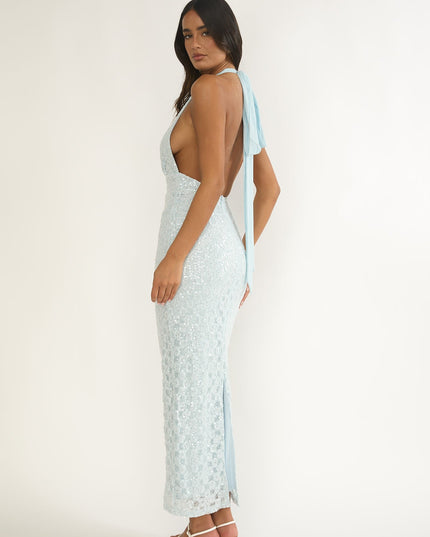 Blue Backless Halter Maxi Dress Sequin