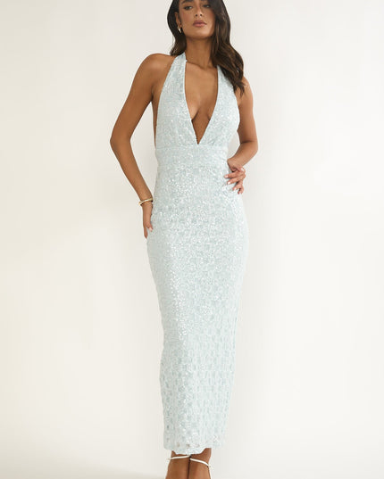 Blue Backless Halter Maxi Dress Sequin