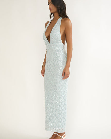 Blue Backless Halter Maxi Dress Sequin