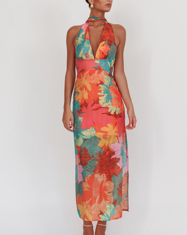 Pink Backless Halter Maxi Dress Floral