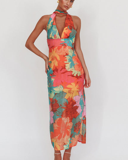Pink Backless Halter Maxi Dress Floral