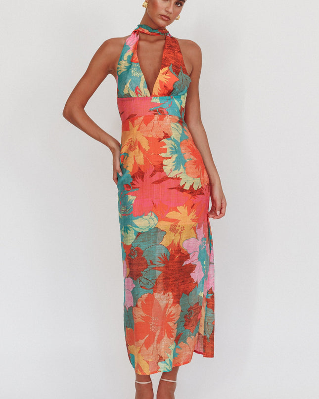 Pink Backless Halter Maxi Dress Floral