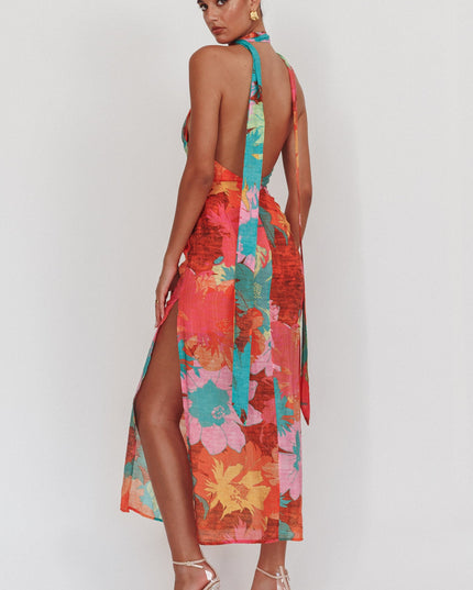 Pink Backless Halter Maxi Dress Floral