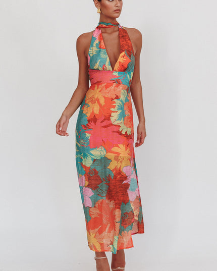 Pink Backless Halter Maxi Dress Floral