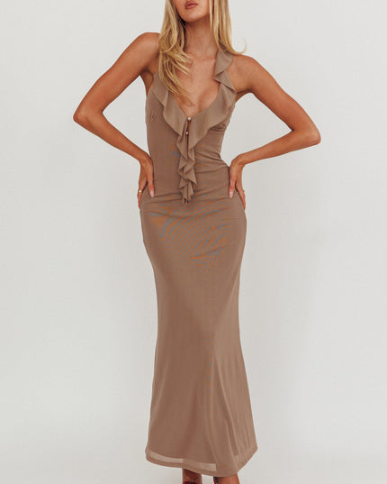 Grey Ruffle Halterneck Maxi Dress