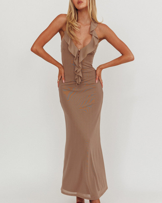 Grey Ruffle Halterneck Maxi Dress
