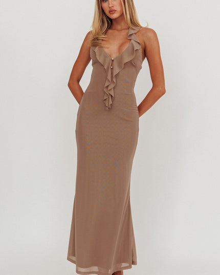 Grey Ruffle Halterneck Maxi Dress
