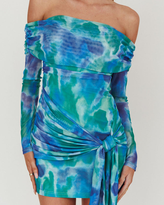 Blue Off-Shoulder Waist Tie Mesh Mini Dress Print