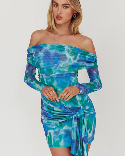 Blue Off-Shoulder Waist Tie Mesh Mini Dress Print