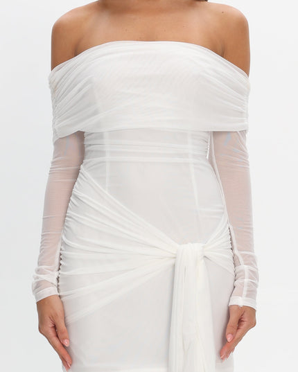 White Off Shoulder Waist Tie Mini Dress