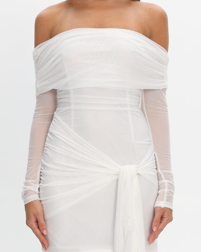 White Off Shoulder Waist Tie Mini Dress