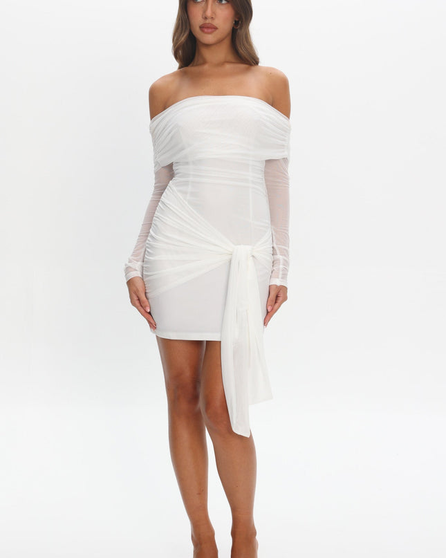 White Off Shoulder Waist Tie Mini Dress