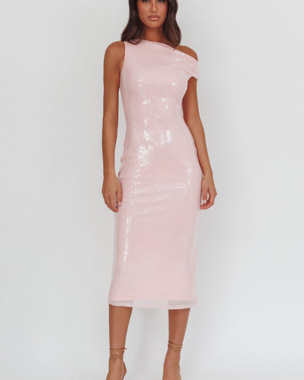 Blush Asymmetric Neckline Midi Dress Sequin