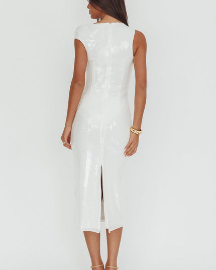 White Asymmetric Neckline Midi Dress Sequin