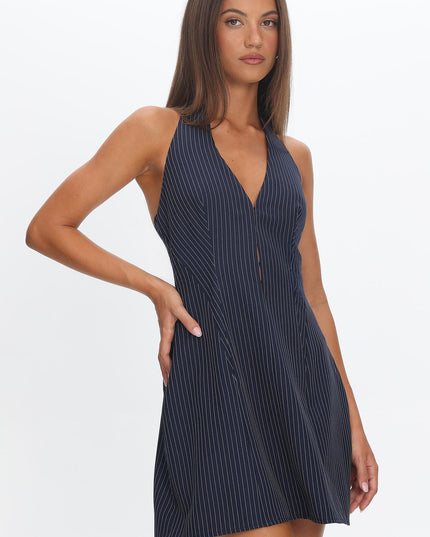 Navy Halter Neck Mini Dress Pinstripe