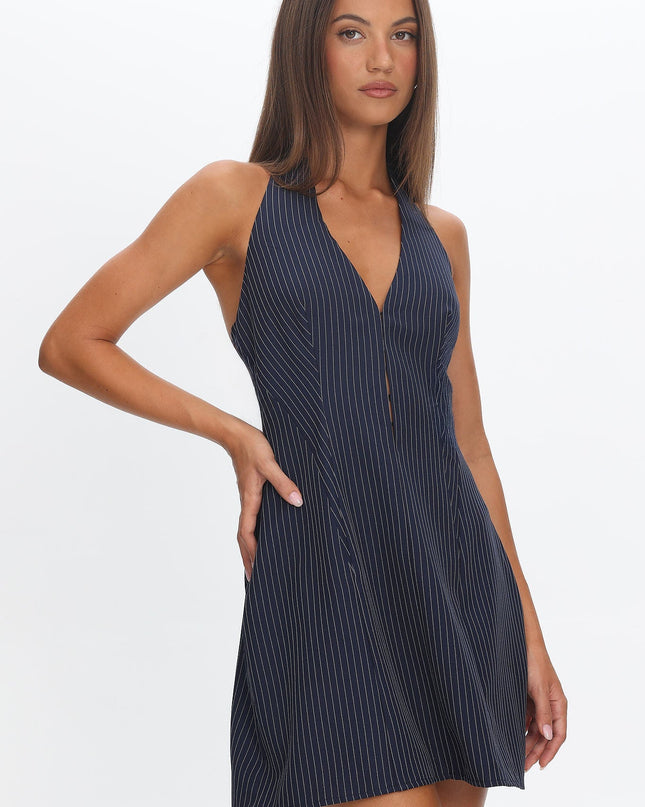 Navy Halter Neck Mini Dress Pinstripe