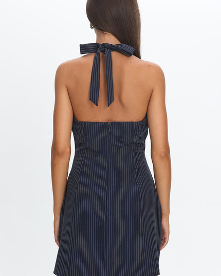 Navy Halter Neck Mini Dress Pinstripe