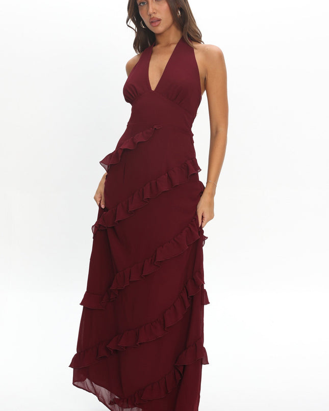 Wine Frill Trim Halter Maxi Dress