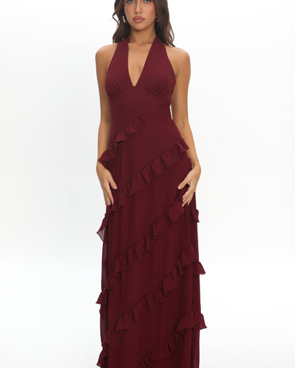 Wine Frill Trim Halter Maxi Dress