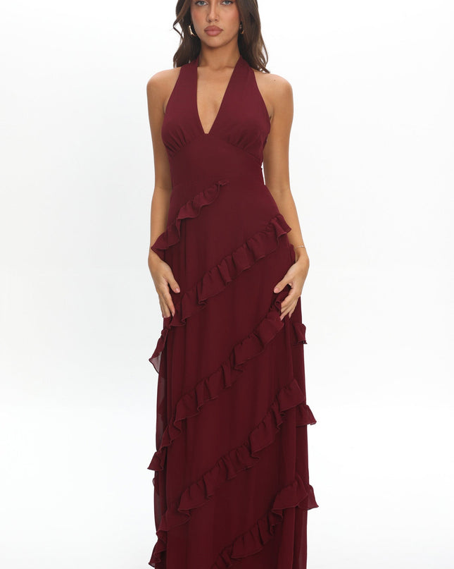 Wine Frill Trim Halter Maxi Dress