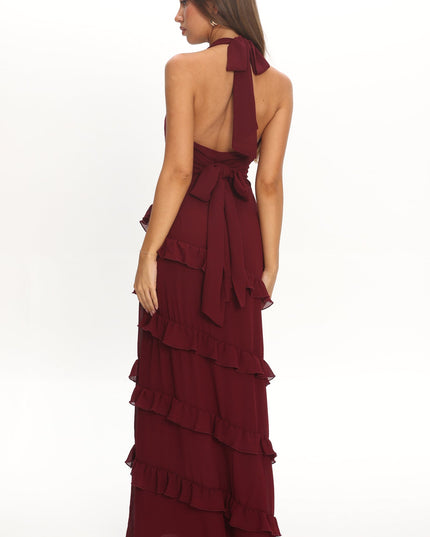 Wine Frill Trim Halter Maxi Dress