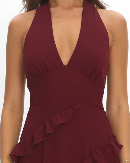 Wine Frill Trim Halter Maxi Dress