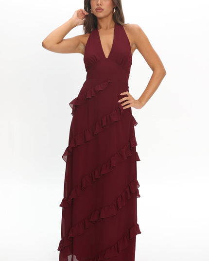 Wine Frill Trim Halter Maxi Dress