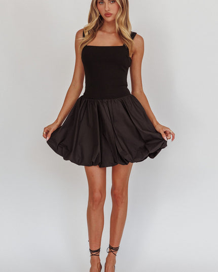 Black Square Neck Bubble Mini Dress